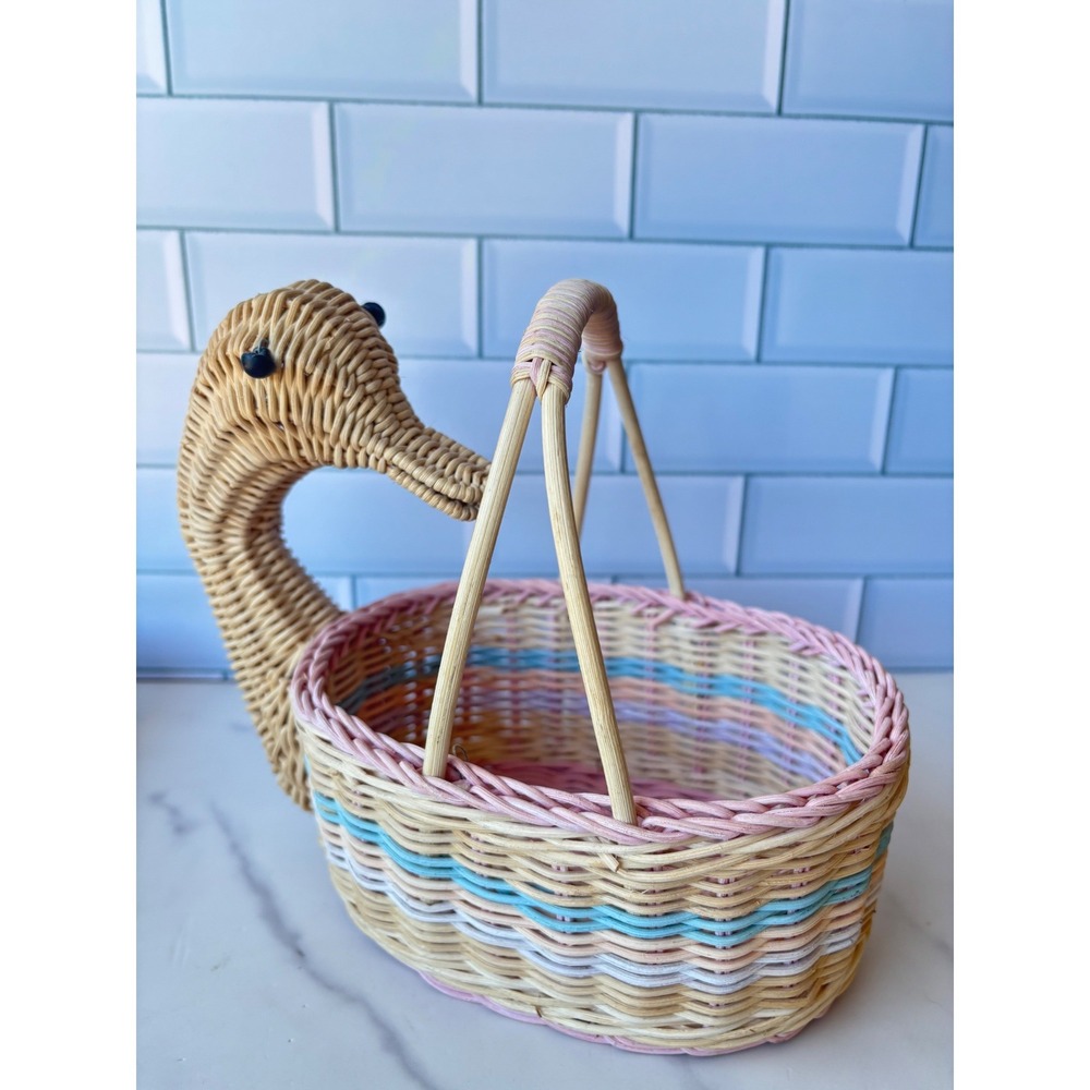 Vintage Woven Wicker Duck Basket Pastel Pink Blue Figural Animal Easter Decor
